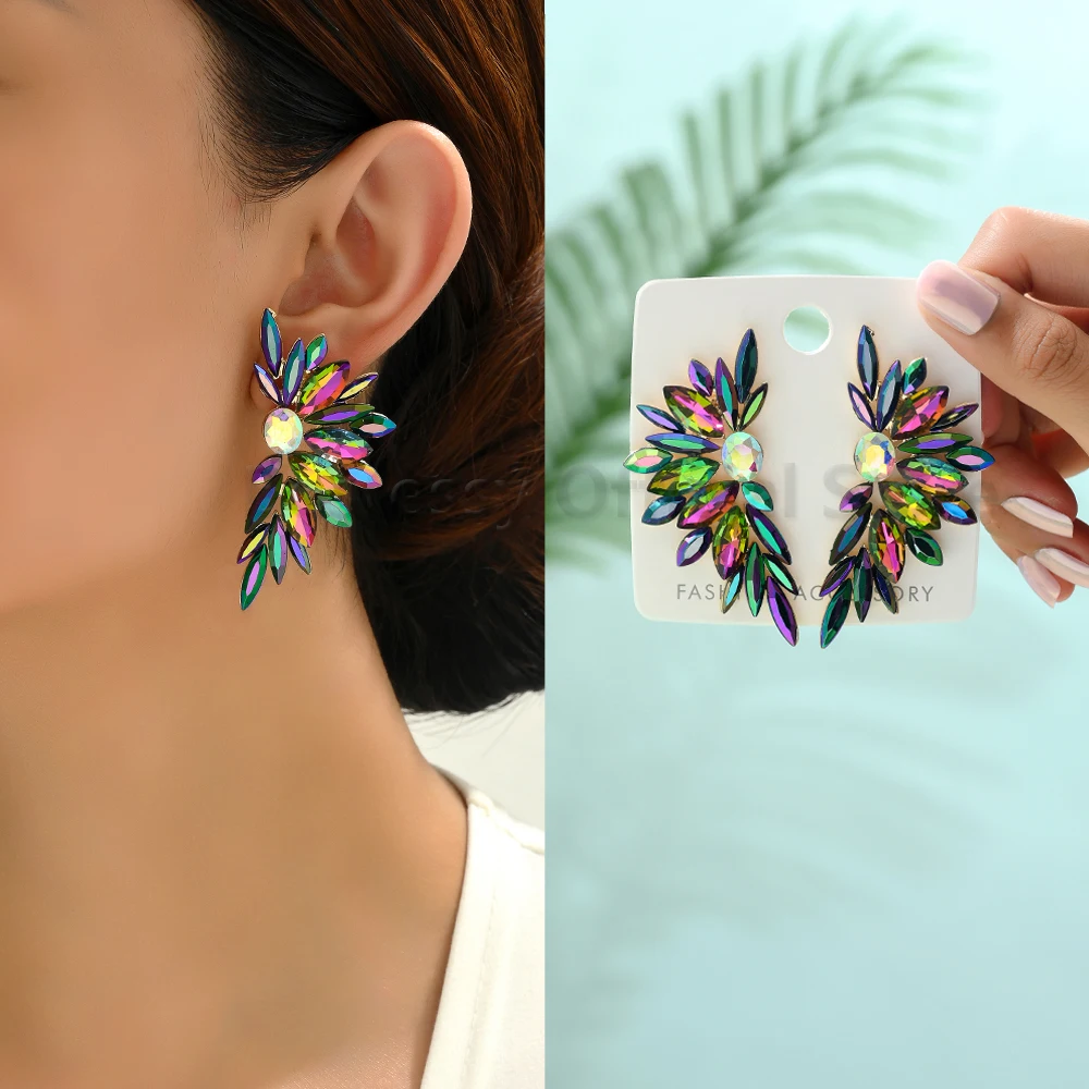 Elegant Wings Shaped Stud Earrings For Women Inlaid Colorful Glass Luxury Design Fashion Jewelry Party Wedding Trend Accessories