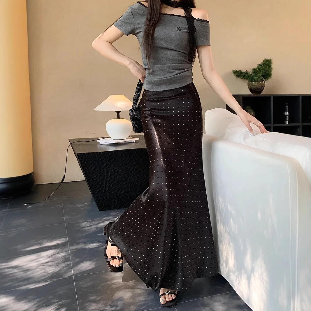2026 Early Spring New Fashion Polka Dot Satin Fishtail Skirt Elastic Waist Thin Long Skirt