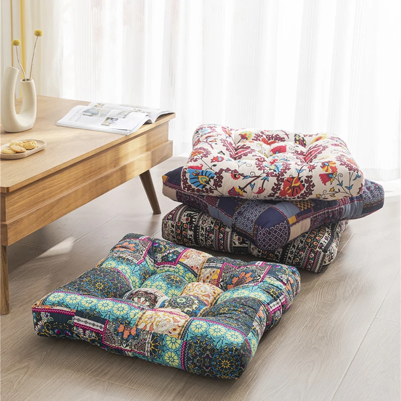 Bohemian Printed Cotton Pouf Ottoman Ethical Style Thick Living Room Floor Seating Comfort 55X55Cm Non Collapse Tatami Hip Pads