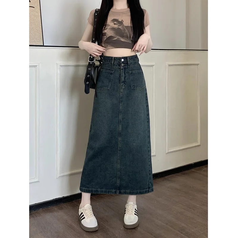 

Women's A Line High Waist Hip Covering Denim Skirt Vintage Package Hip Cowboy Mid Length Jeans Skirts