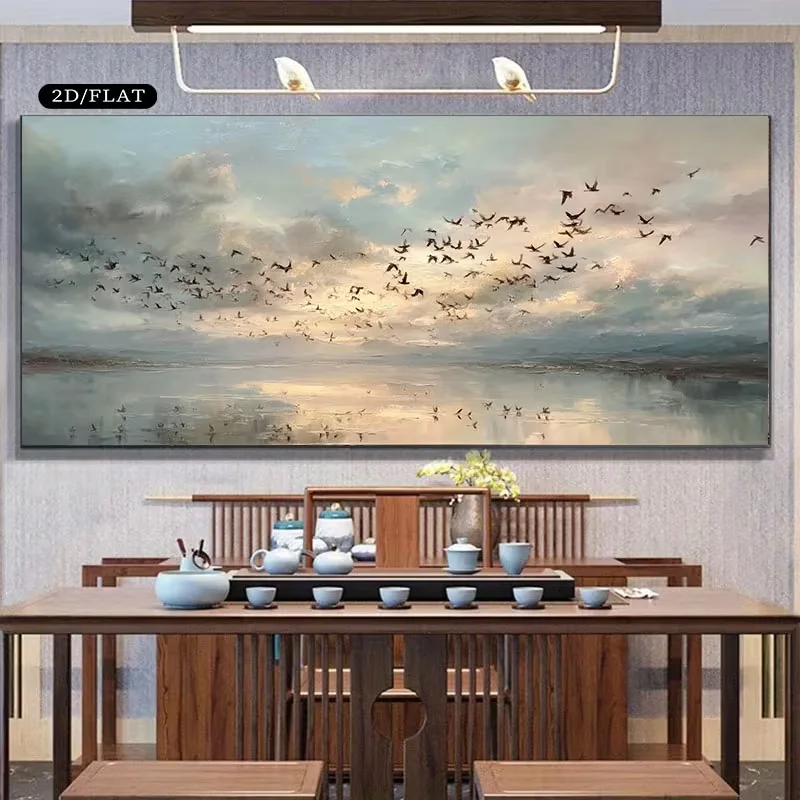 2D Flat, 2D Flat, A Large Unframed Canvas Measuring 31.49X62.99/80X160Cm Featuring a Modern Depiction of Birds Flying Over Water