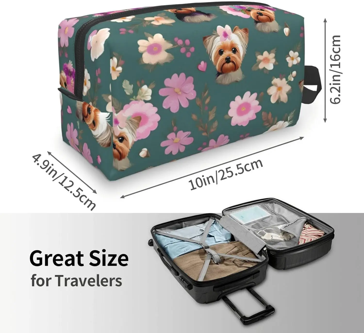 Yorkie Floral Pattern Toiletry Bag, Maquiagem Cosmetic Bag, Bolsa de viagem para artigos de higiene pessoal, Bolsa com zíper