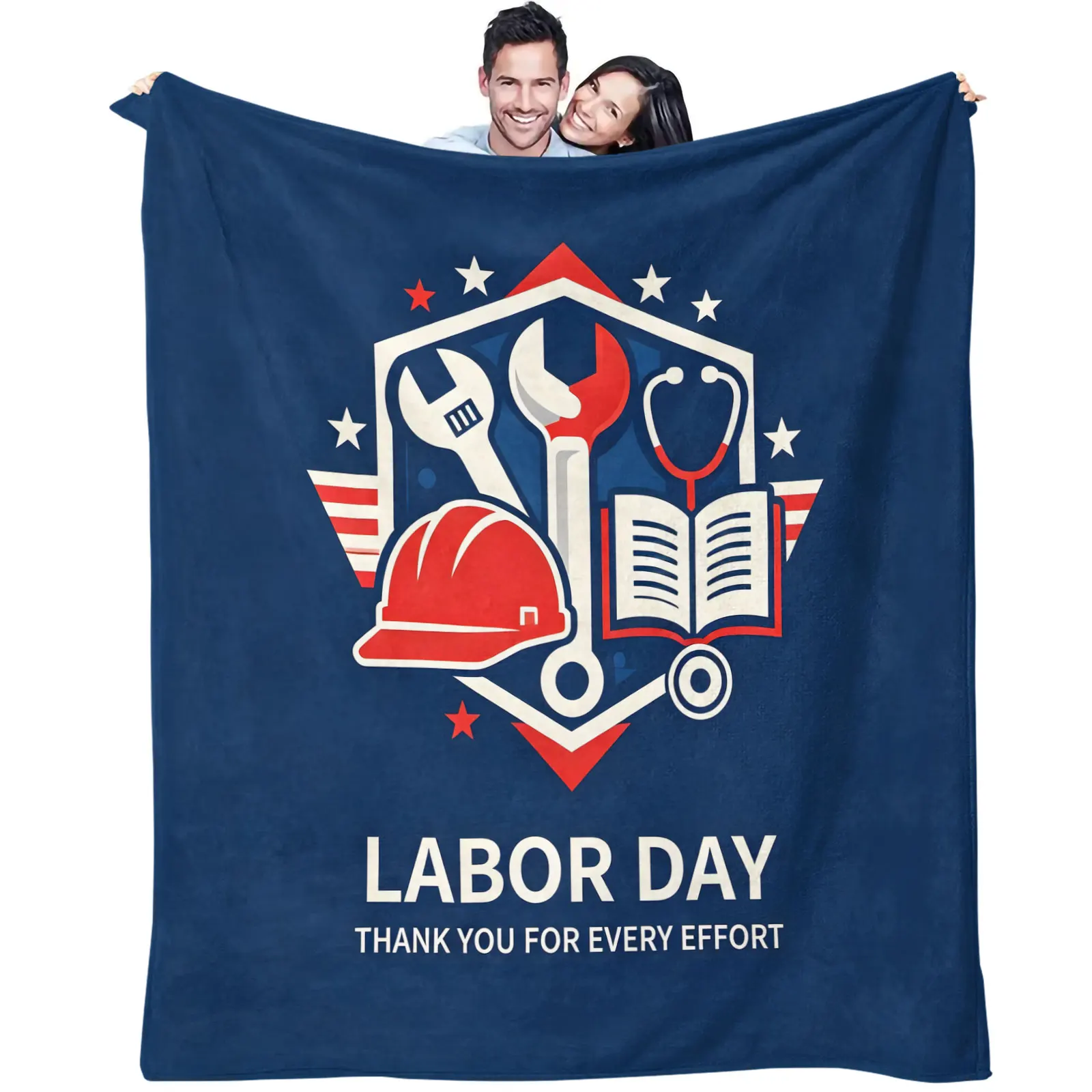 Labor Day Flannel Throw Blanket Wrench Hard‑hat Stethoscope Book Star Pattern Soft Microfiber Blanket Lightweight Warm for Sofa