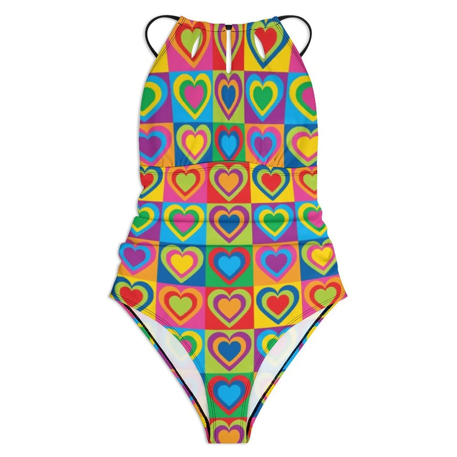 Pop Art Hearts Swimsuit Colorful Plaid Print Push Up Swimwear One Piece Vacation Bath Bathing Suits Swimsuits Design Beachwear