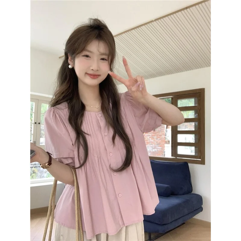 

Anti-Aging Loose Pleated Bubble Sve irt Women's Summer Sweet Design Small Size round Ne Pink ort Sve Top