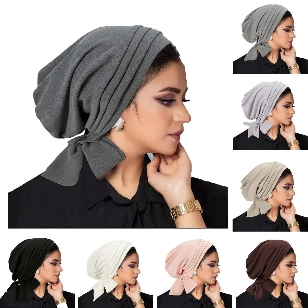 Pre-Tied Muslim Women Hijab Bonnet Ruffle Solid Color Turban Chemo Cap Suede Surface Hair Loss Hat Islamic Cancer Headwear Scarf