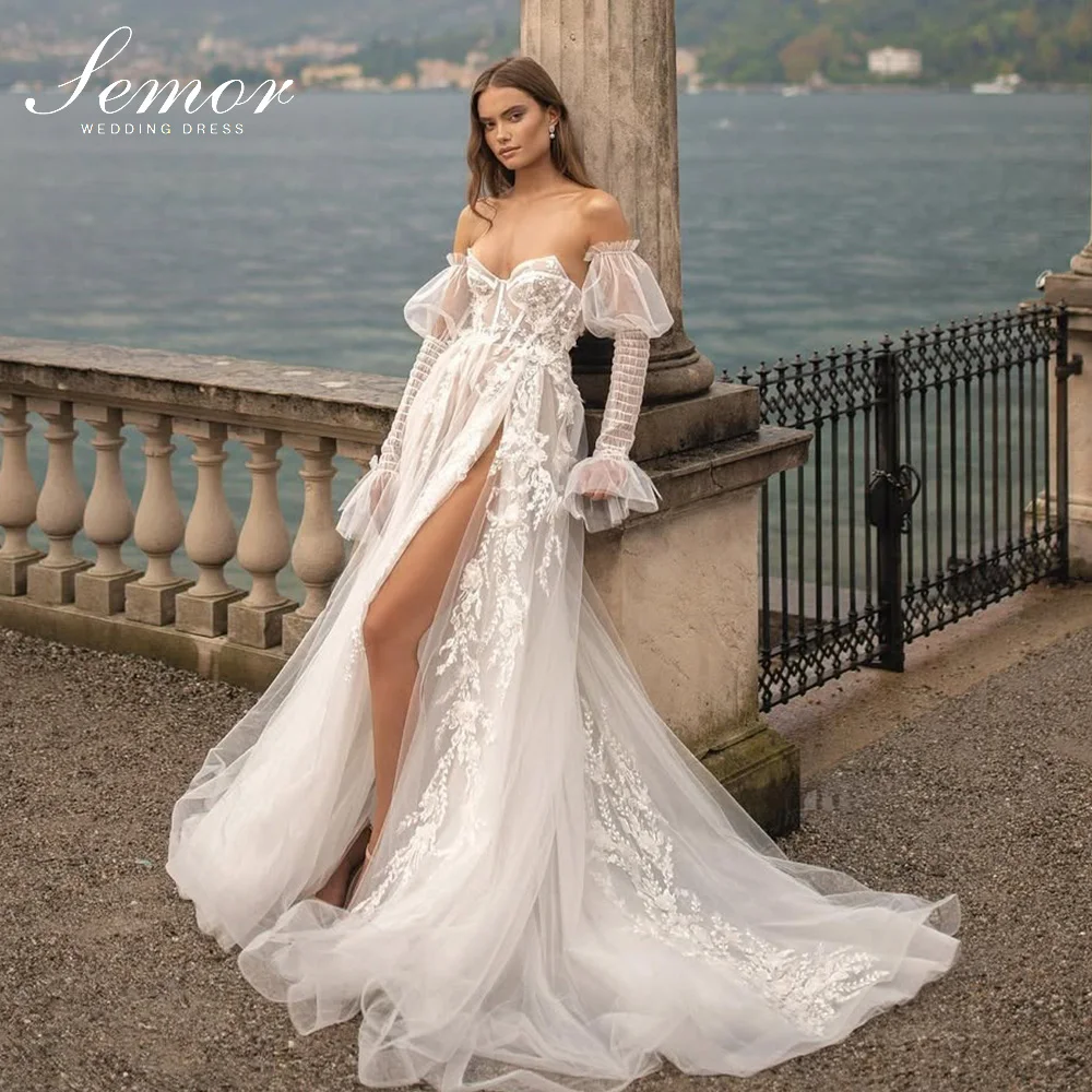 Semor Charming Lace Tulle Wedding Dress detachable gloves 2026 A-line 3D Lace Applique Bridal Gown Customized Robe De Mariée