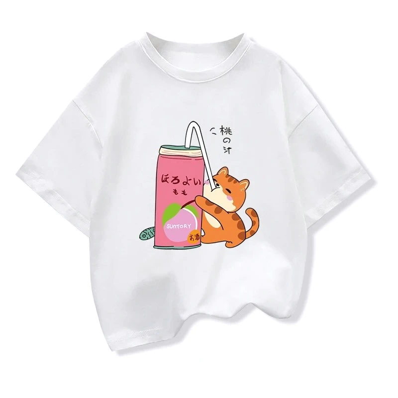 Cute Cat Drinking Milk Tea Casual Clothes Tops Harajuku Funny Cartoon Short Sleeve T-shirt Boys Girls Summer New Cute Tee Tops