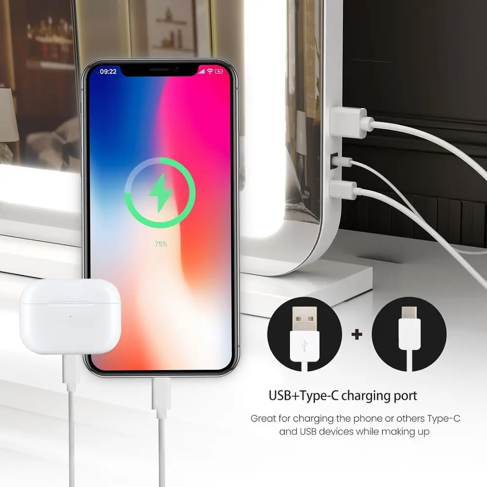 Miroir de courtoisie éclairé par LED 23x18 avec loupe 10X, 3 modes de couleur et port USB