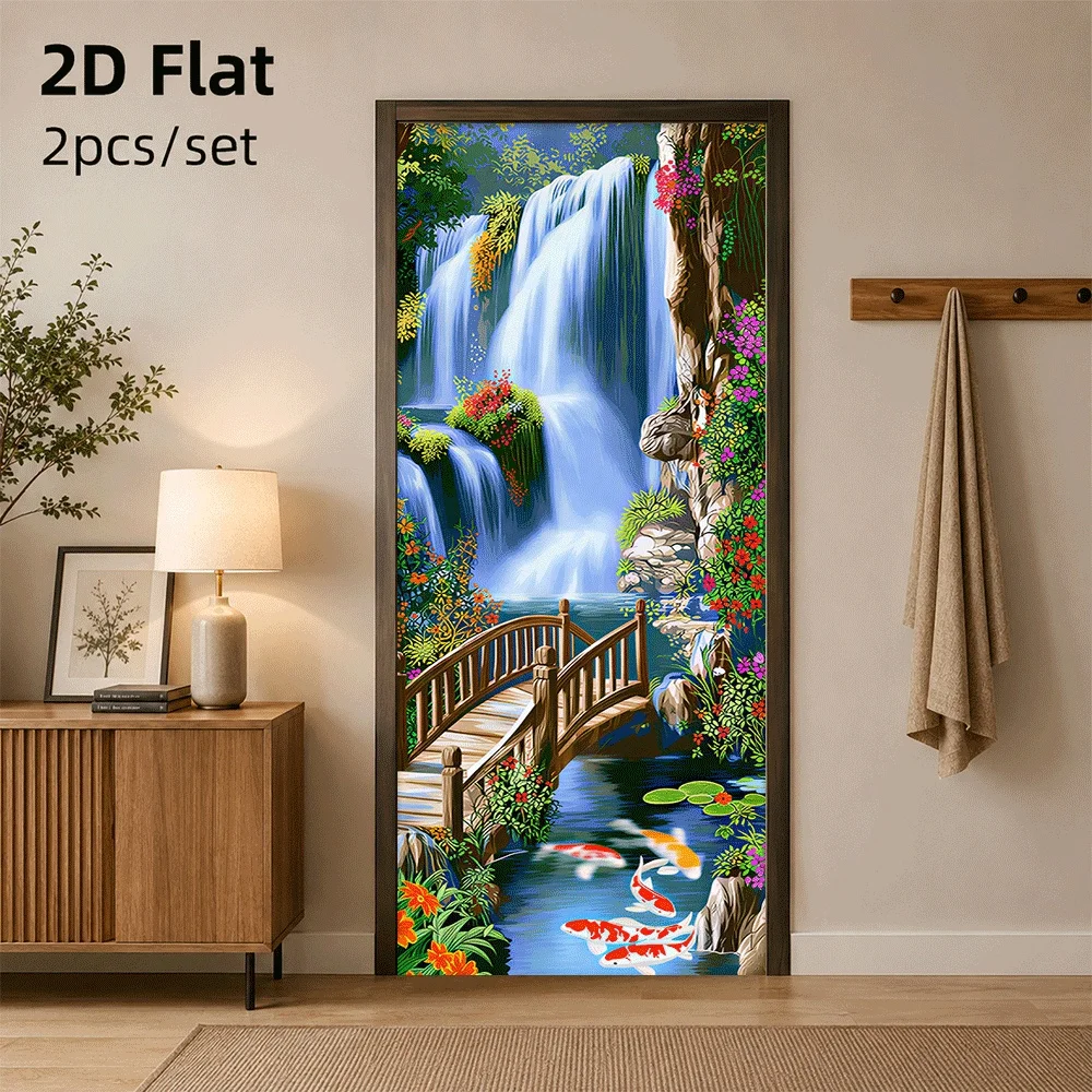 1 piece of Chinese landscape waterfall door sticker, inviting wealth, koi bridge, flowing water, 2D plan