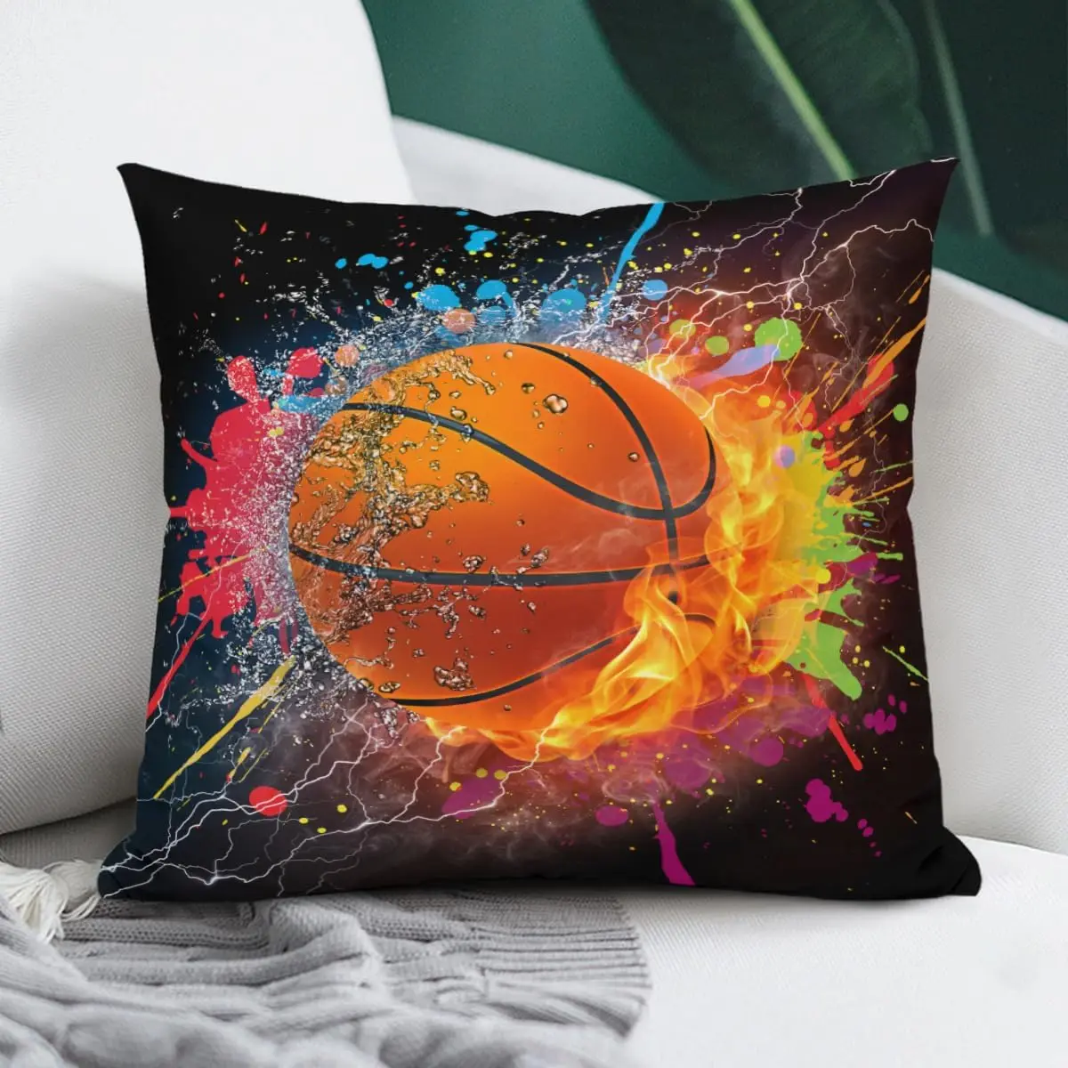 Basketball Pillowcase 18x18 Inch Throw Sports Decor Fire Splatter Dynamic NBA Art Housewarming Gift autumn decoration