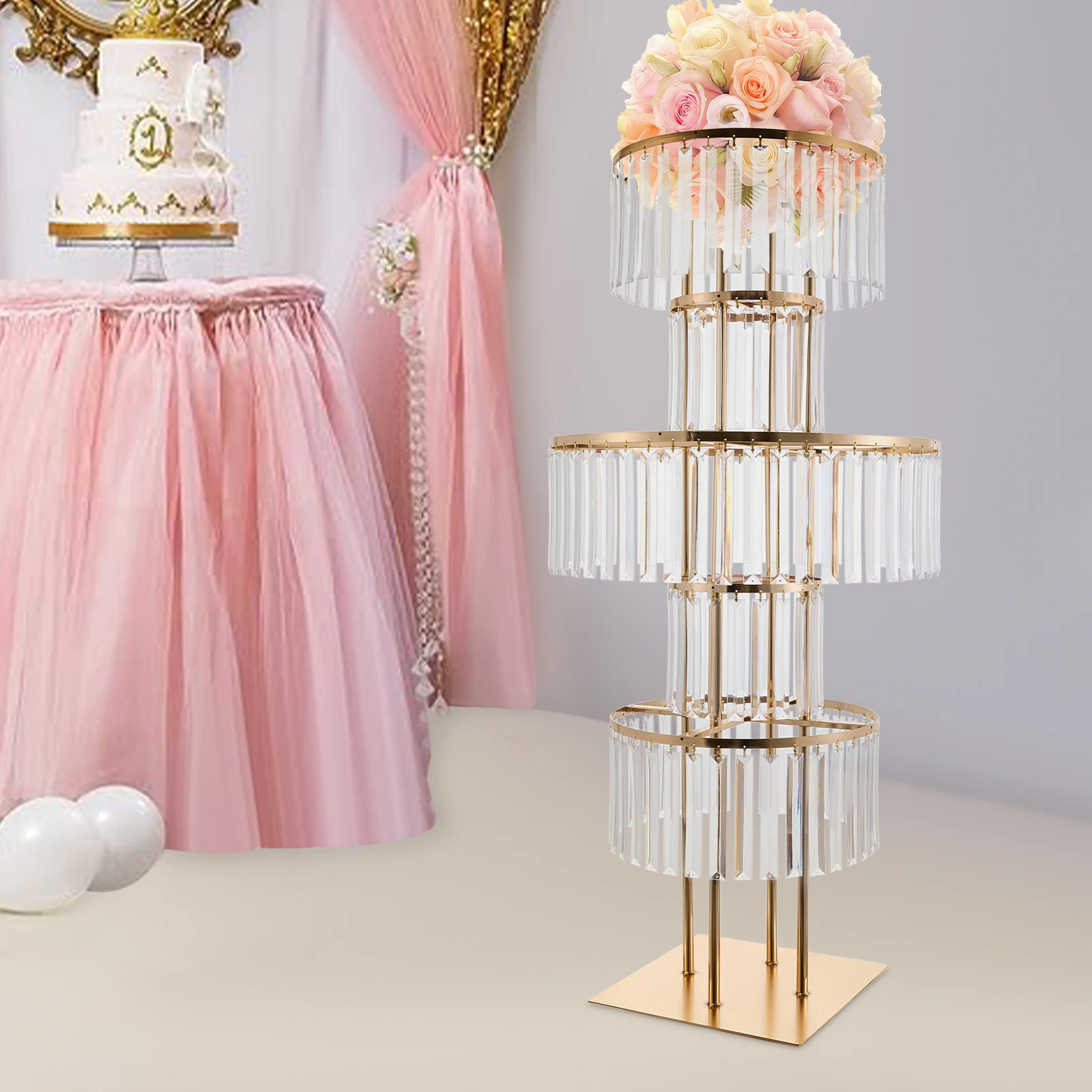 

5 Tier Wedding Centerpieces Flower Stand with Hanging Crystals Gold Vases Round Flower Chandelier Pedestal for Birthday Party