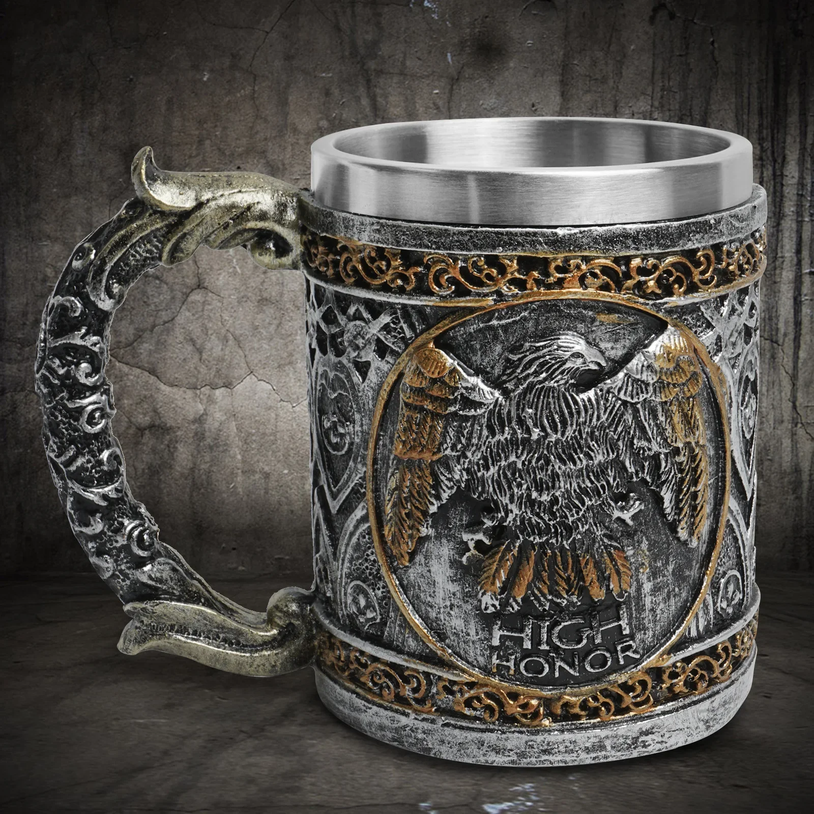 

450ml Viking Wooden Barrel Beer Mug 3D Resin 304 Stainless Steel Coffee Cup Bar Party Gift Mug Large Capacity Water Cup
