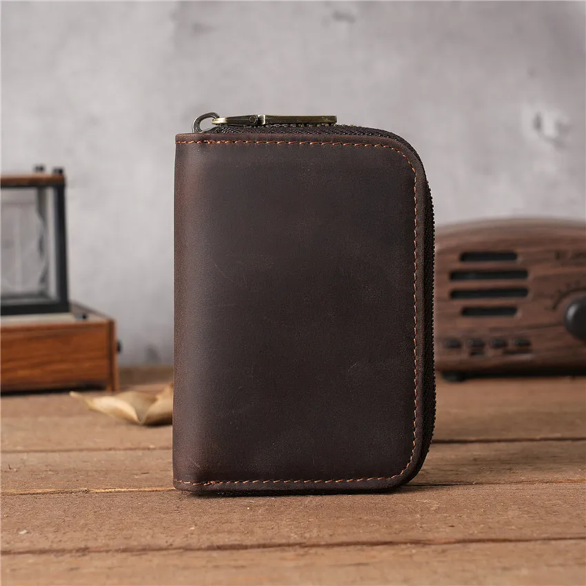 Vintege Casual Genuine Leather Wallet Card Holder Purse Cowhide Crazy Horse Brown Deep Brown Zipper Coin Bag Clip