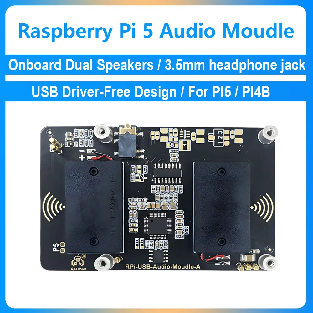 Raspberry Pi 5/4B USB Audio Sound Card Moudle HAT USB Driver-Free Onboard Dual Speakers 3.5mm headphone jack