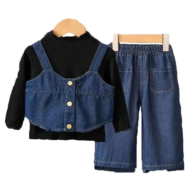Mädchen Denim Kleidung Sets Baby Mode Riemchen T-shirt Weste Hosen Anzug Herbst Kinder Kleidung Lange Ärmeln Süße 3Pcs 1-4 jahre
