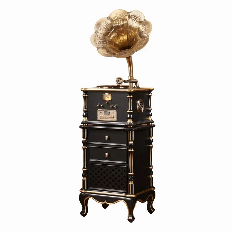 

American solid wood phonograph antique audio European living room retro vinyl record player big speaker classical record player