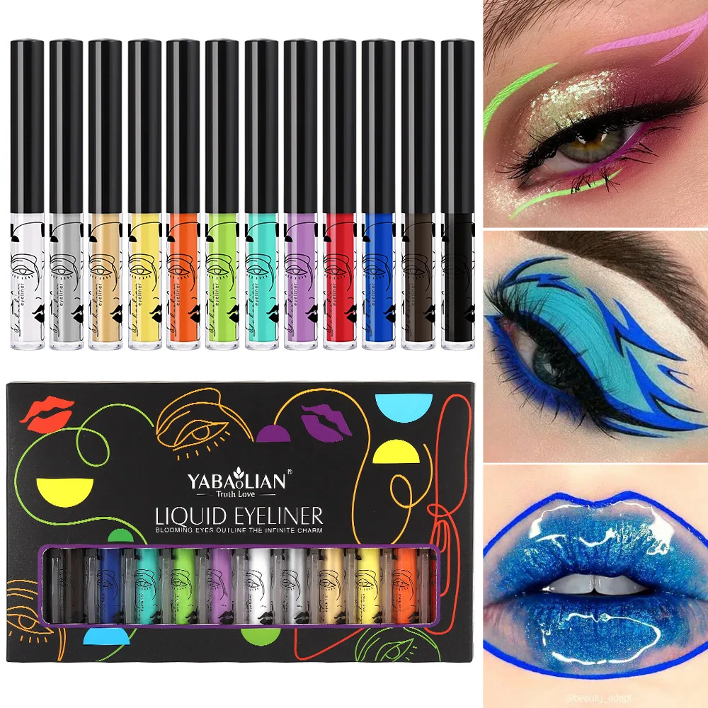 Professional Colorful Eyeliner Liquid 12 Matte Colors Waterproof Smudge-Proof Long-Lasting Eyeshadow Liquid for Daily/Party