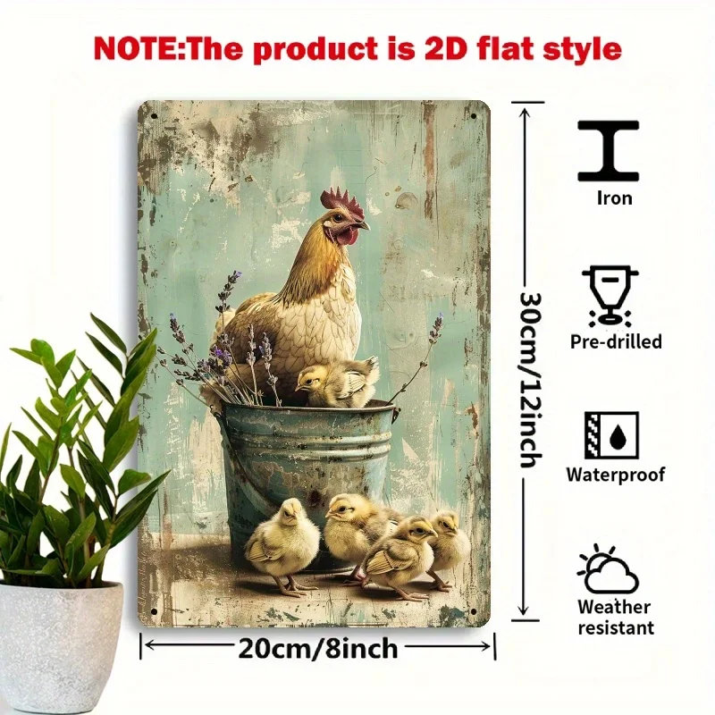 2D Flat - [2D Flat] Vintage Flower Bucket And Hen Vintage Wall Decor - 2D Printed Metal Sign - 8X12 Inches Suitable for Ranch, H