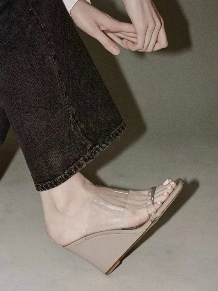 

Transparent Heel Heightening Slope Heel Sandals Women's Fairy Style Slip-On Shoes Square Head Daily Wear Summer New Arrival