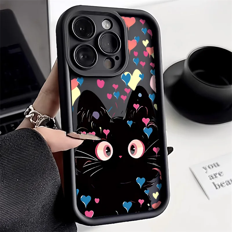 Cute Cat Case For iPhone 16 Pro Max Case iPhone 15 14 13 12 11 Pro Max 7 8 Plus SE XS Max X XR Liquid Silicone Shockproof Cover