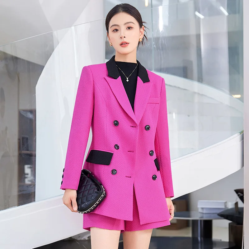 

24Spring and Summer New Rose Red Contrast Color Professional Casual Long Sleeve Suit Coat Women's Shorts Two-Piece Suit Fashion