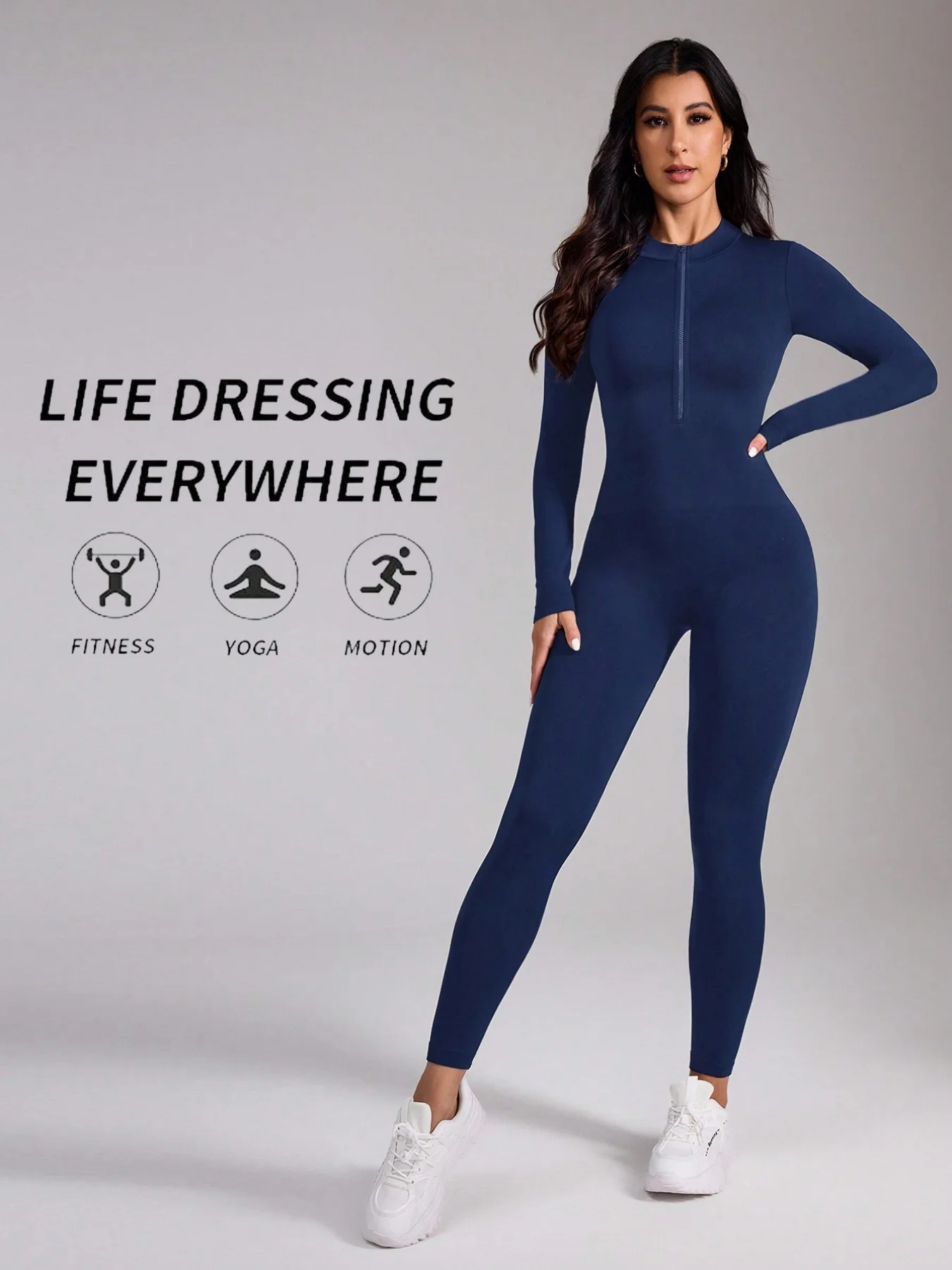 Rückenausschnitt Halber Reißverschluss Nahtloser Workout-Jumpsuit Damen Bauchkontrolle Langarm Yoga Fitness Einteiler Bodysuit – Detail 3