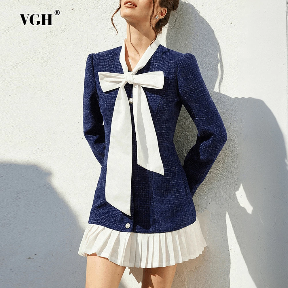 

VGH Temperament Slimming Hit Color Spliced Folds Short Dresses For Women Round Neck Long Sleeve High Waist Elegant Dress Female