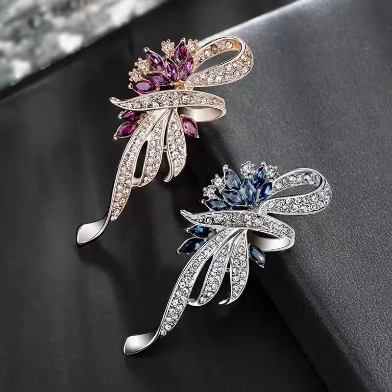 2024 Fashion Crystal Brooch For Women Elegant Bauhinia Blue Purple Zircon Rhinestone Brooch Lapel Pin Corsage Wedding Jewelry