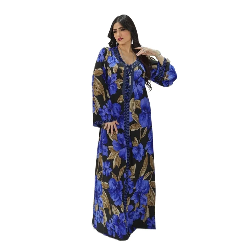 

Dresses For Women 2023 Muslim Ethnic Floral Print New Abaya Diamonds Long Sleeve Maxi Dress Djellaba Marocaine