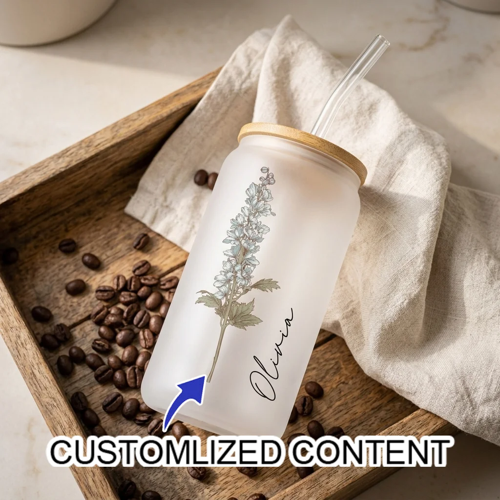 Custom Birth Flower Glass Cup  Name Frosted Beer Can Tumbler with Bamboo Lid Straw, Bridesmaid Bachelorette Wedding Party Favor.