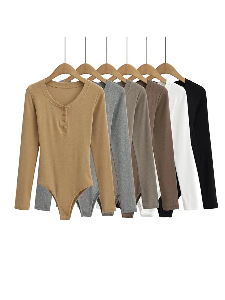 Women Long Sleeve O-neck Bodysuits Knits 6 Colors Stretchable Slim Basic Top Jumpsuits