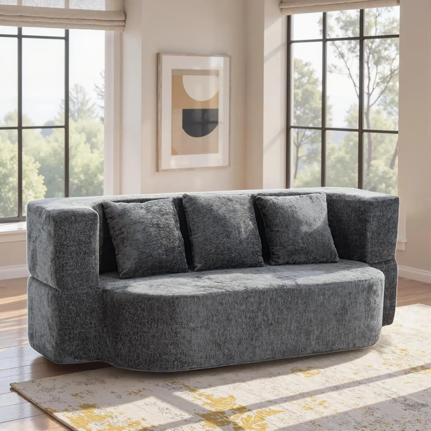 Sofá Cama Convertible Plegable de 79 Pulgadas con Almohada, Tela de Chenilla, Sofá de Piso para Sala de Estar, Apartamento, Gris, Personalizado