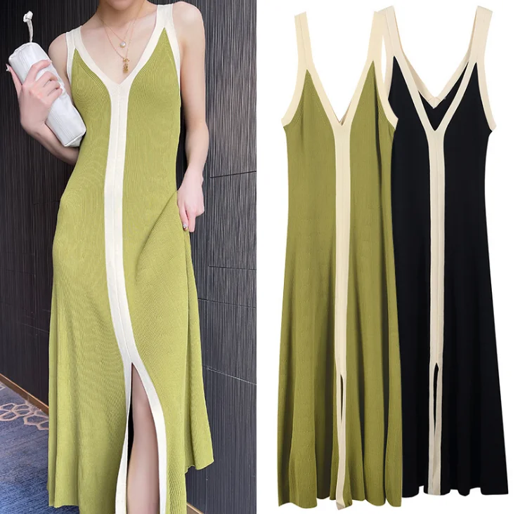 

Высококачественная версия Advanced Feel Summer Color Blo S Home Strap Dr V-ne Slim Knitted Svel Long Dr