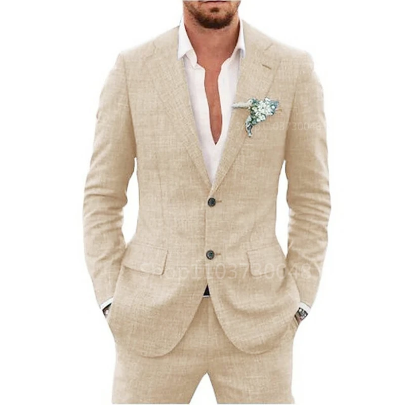 Casual 2 Piece Beige/Blue Linen Men Suits Notch Lapel Slim Fit Groom Tuxedos Blazer Pants Sets Wedding Prom Party Costume Homme