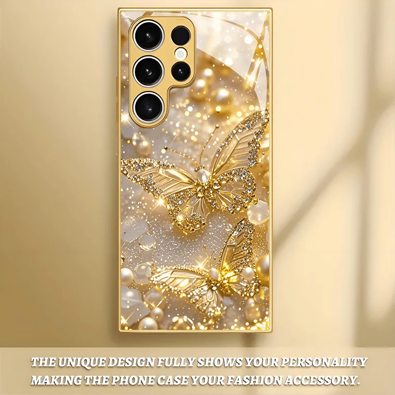 

Gold butterfly and pearl pattern electroplated glass phone case, suitable for iPhone 17, 16, 15, 14, 13, 12, 11, etc.