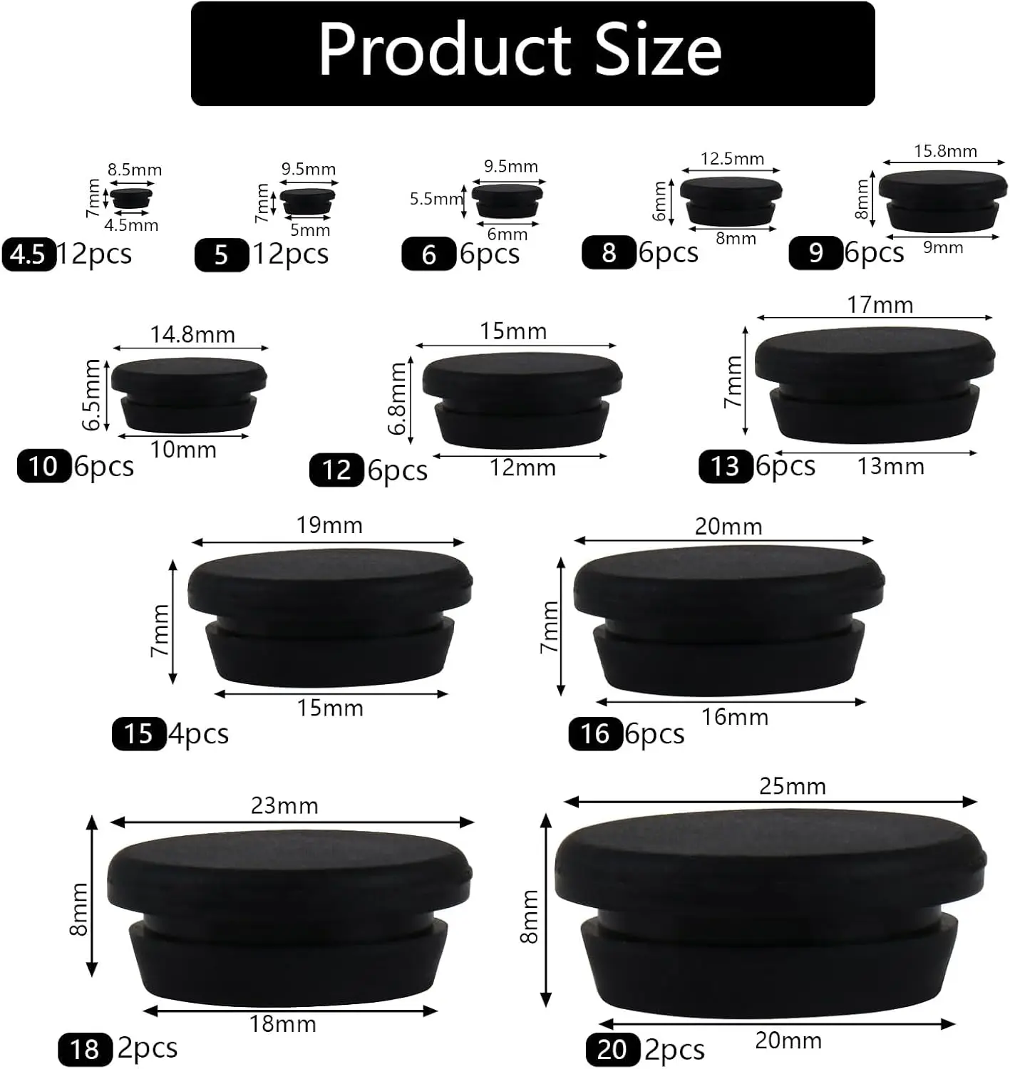 74pcs Silicone Rubber Hole Plug Assortment 12 Sizes 4.5-20mm Flexible Round Caps for Bottle Tube Test Tube Sealing