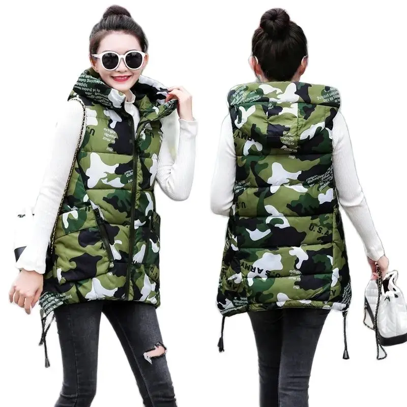 Korean Women Cotton Vest Women's Cotton Coat Sleeveless Winter Jacket Mid-Length Hooded Girl Student Down Cotton Vest All Match