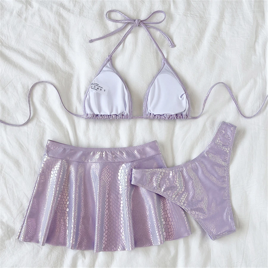 Traje de baño morado claro con faldas, conjunto de Bikini de 3 piezas con cuello Halter y cordón, traje de baño Sexy para mujer, Bikinis, ropa de playa