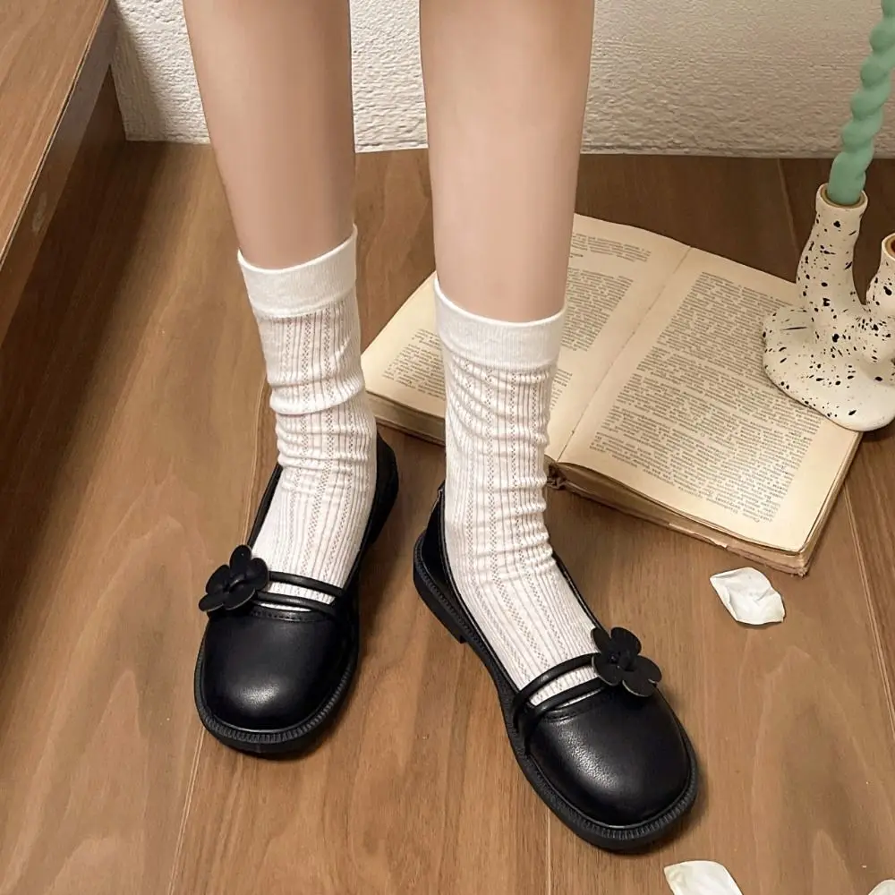 

Fashion Flower Mary Jane Shoes Low-heel PU Leather Round Toe Flat Shoes British French Style Anti-slip Ballerina Flats Girl