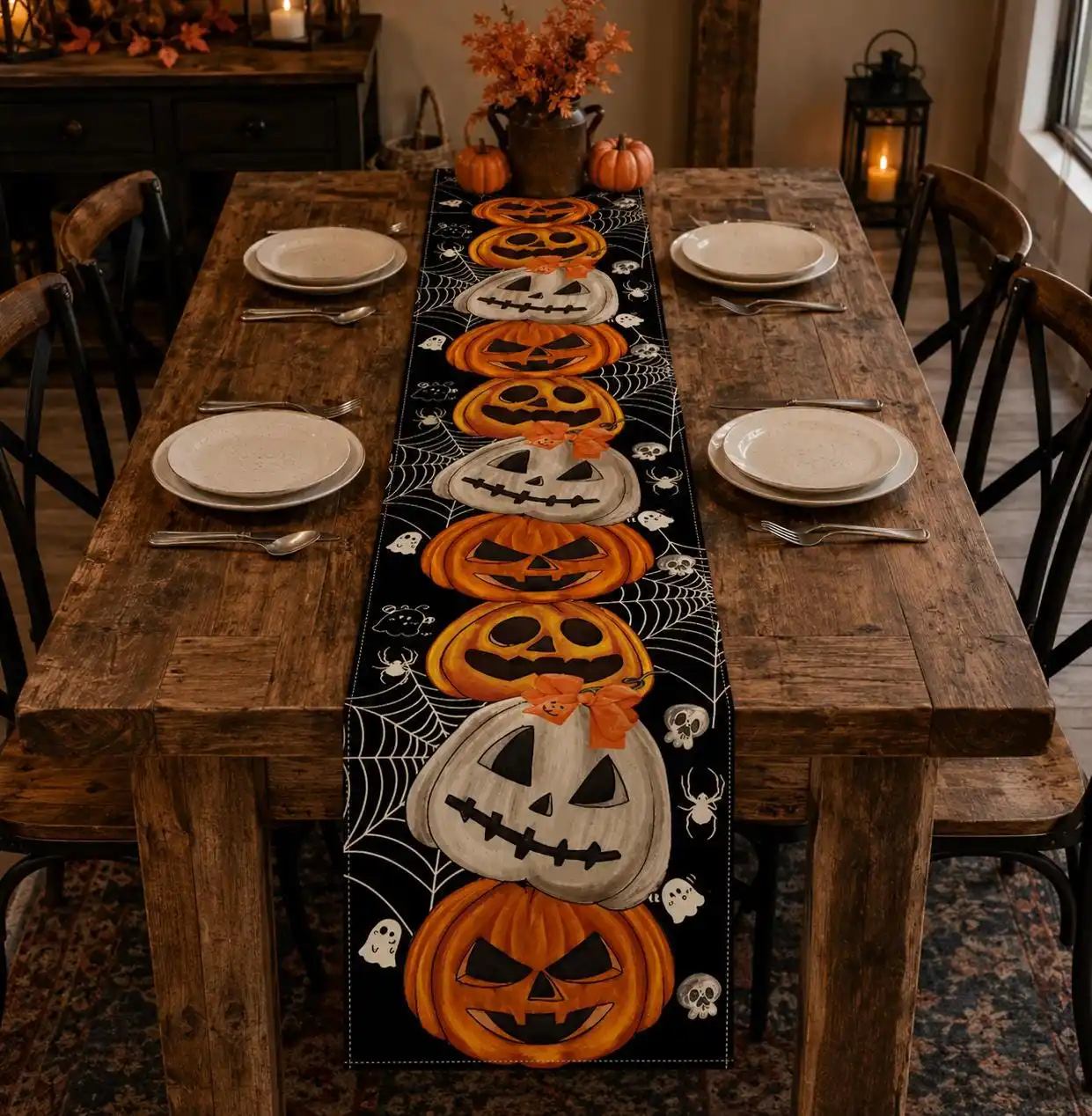 Halloween Evil Pumpkin Back-toSchool Long Table Runner Halloween Placemat Table Runner Fall Table Mat for Party Kitchen Dining