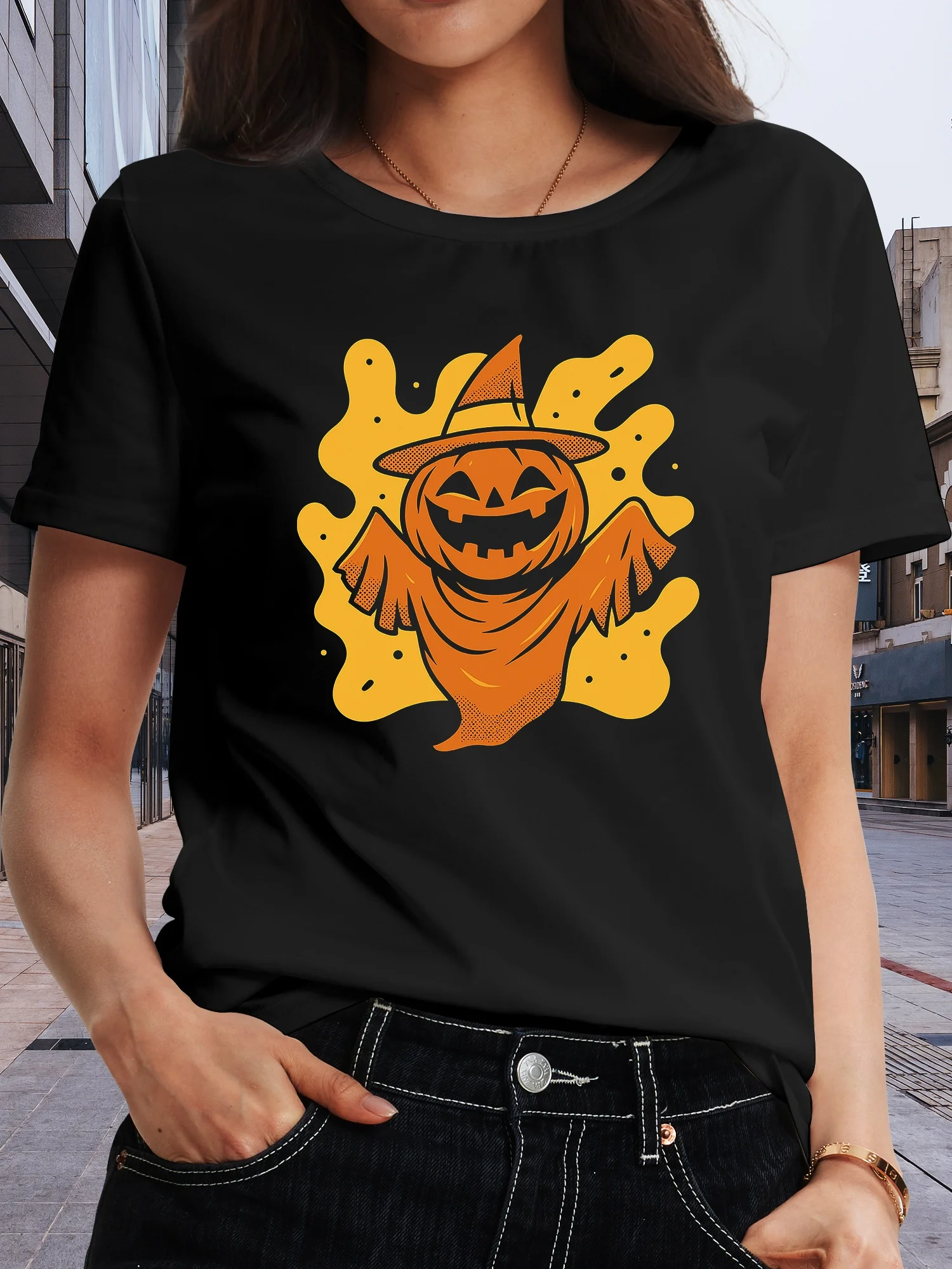 

White Tee with Orange Accents Women'S Halloween Pumpkin & Ghost Graphic T-Shirt - Breathable Material, Printed Shirt, Holiday