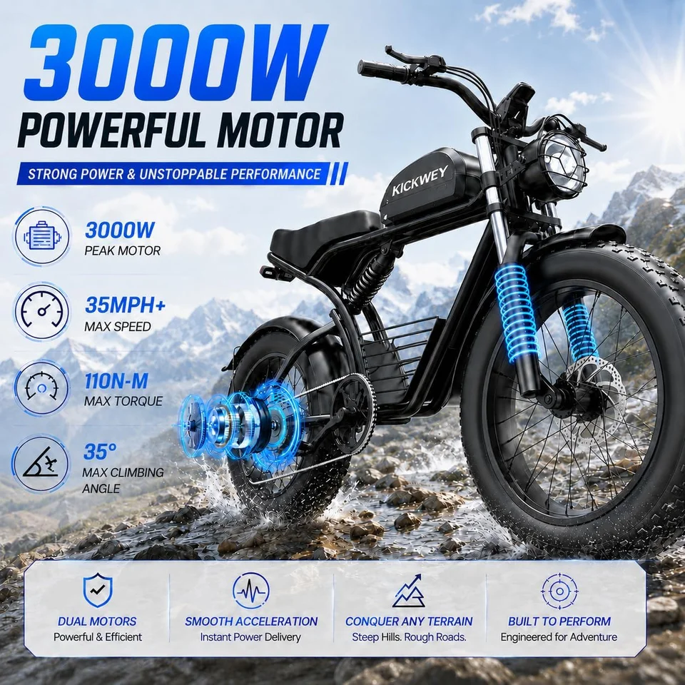 KICKWEY K7 3000W Dual Motor Electric Bike, 48V 23AH Long Range Full-Suspension Off-Road E-Bike, 7-Speed 20x4.0 Fat Tire All-Terrain Electric Bicycle for Mountain, Sand, Snow & Road image 4