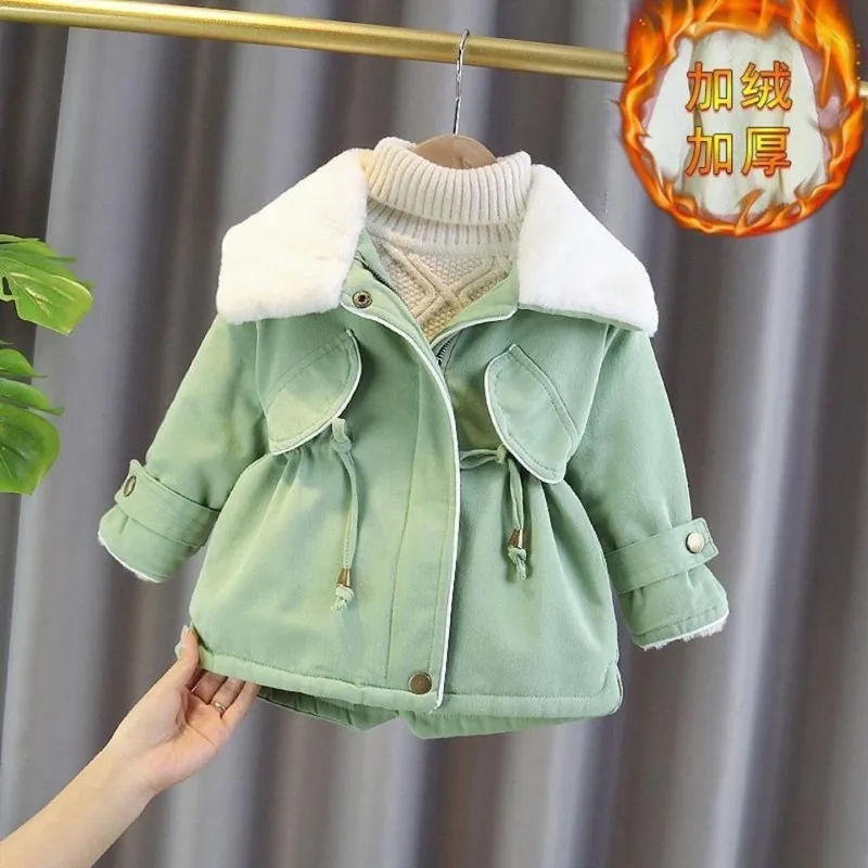 

Kids Winter Plush Lapel Jacket Girls Coat Outerwear Fashion Gird One's Waist Windbreaker Thicken Warm Todler Clothes For 2-6 Y