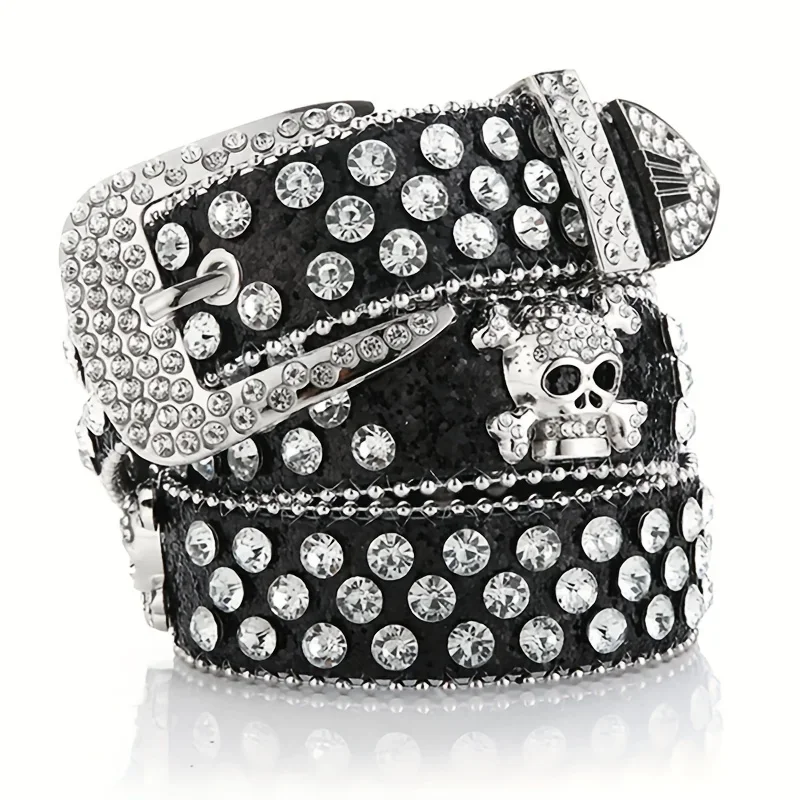 

Glamorous Rhinestone Skull Rivet Belt - Perfect for Jeans & Western Outfits!