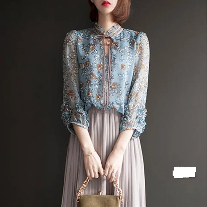 

2023 New Spring and Autumn Fashion Vintage Standing Neck Lace Up Hollow Out Lantern Sleeve Casual Simple Fragmented Blouse Shirt