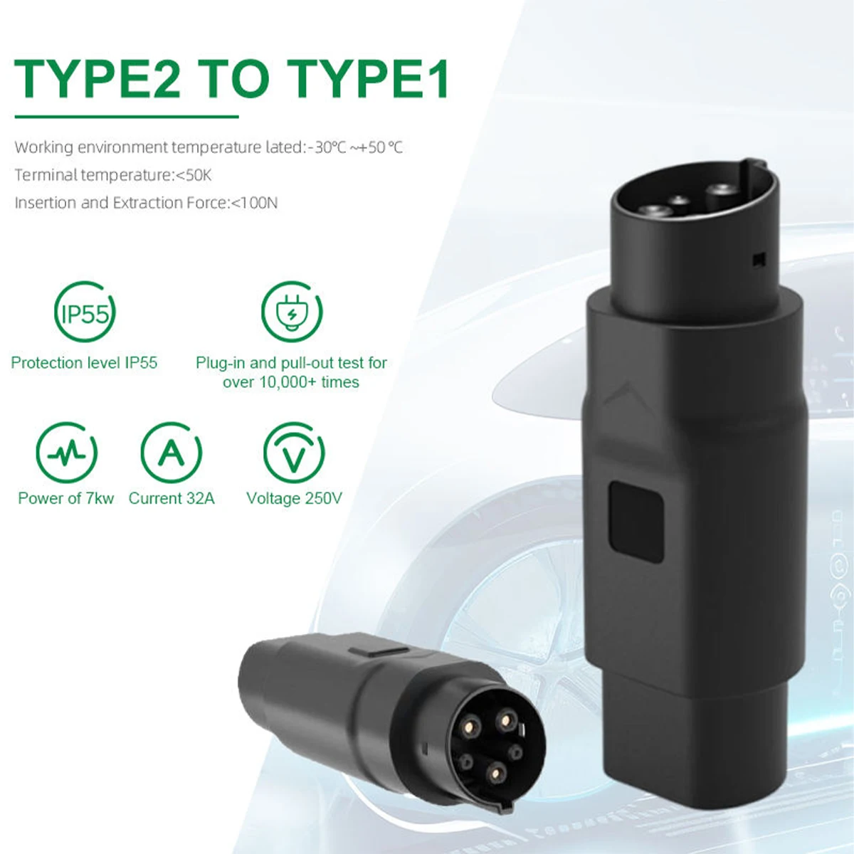 Type2 to Type1 EV Charger Adapter 32A Single Phase Compatible with Type 2 Charger for Electric Car with Type 1 Charging Socket