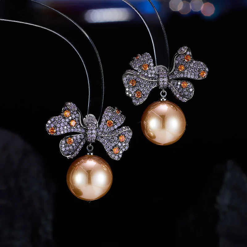 Sweet Bowknot Design Pearl Earrings Full Zircon Inlaid Round Big Pearl Dangle Earrings Trendy Women Fashion Stud Earring Jewelry
