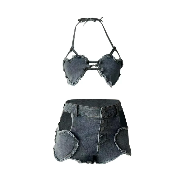 

American Hotsweet Sets Halter Sleeveless Backless Love Tops+High Waist Button Basics Shorts Fashion Sexy Denim Suits
