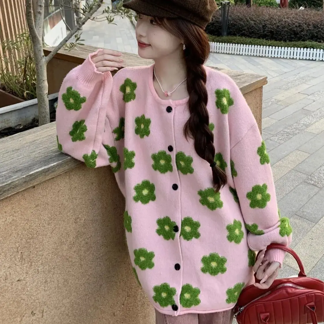 O Neck Flower Loose Knitwear Cardigan Female Spring Autumn Knit Outwear Women'S Sweater Coat Korean Floral Casual Cardigans